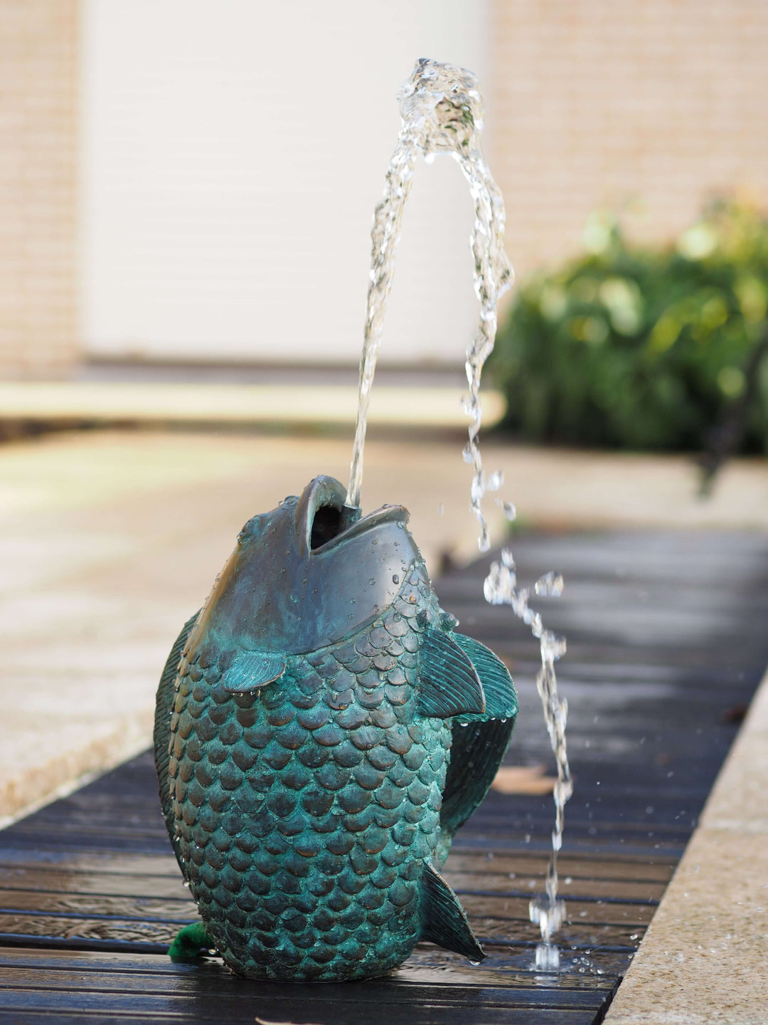 Bronze fish fountain sculpture with water spraying upwards in a garden setting.