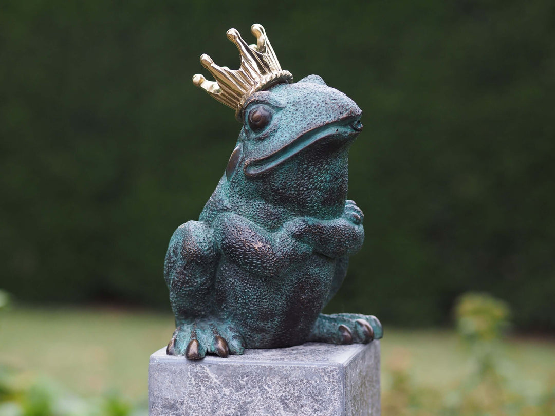 Bronze fountain sculpture of a seated frog wearing a crown, displaying a multi-colored patina, suitable for indoor and outdoor decor.