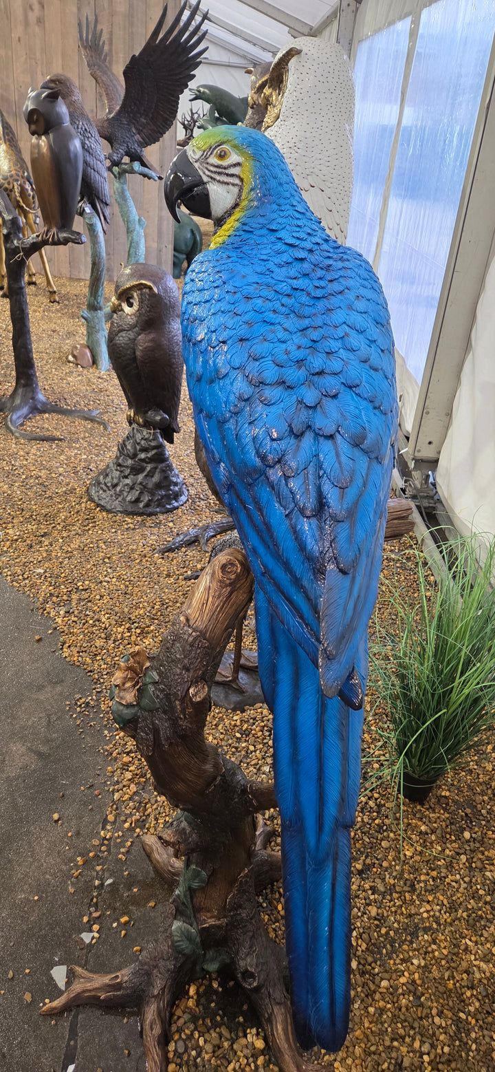 Lifesize bronze sculpture of a macaw sitting on a branch