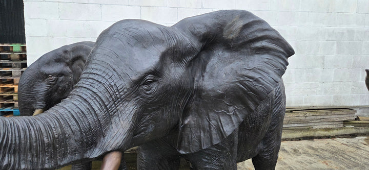 Lifesize bronze sculpture of an elephant with raised trunk