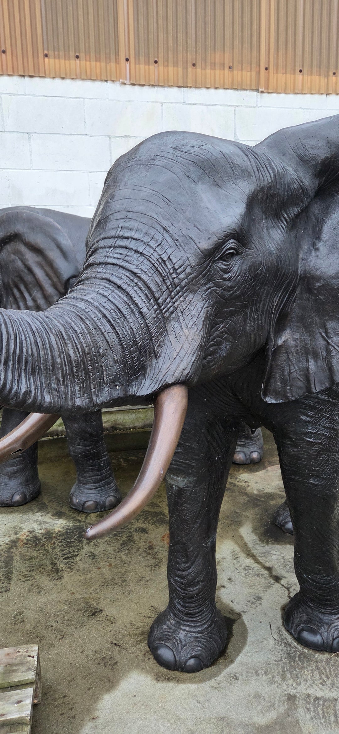 Lifesize bronze sculpture of an elephant with raised trunk
