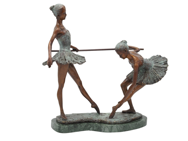 Modern bronze sculpture of two ballerina's at the ballet barre