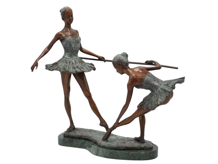 Modern bronze sculpture of two ballerina's at the ballet barre