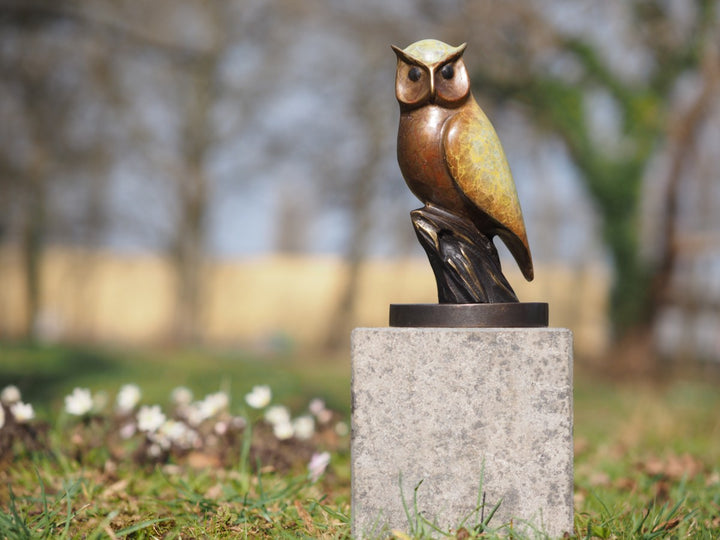 Modern bronze owl sculpture with unique patina