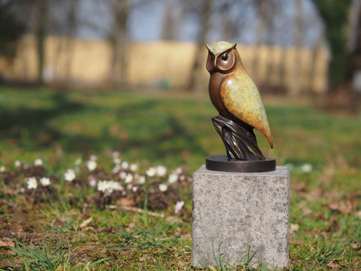 Modern bronze owl sculpture with unique patina