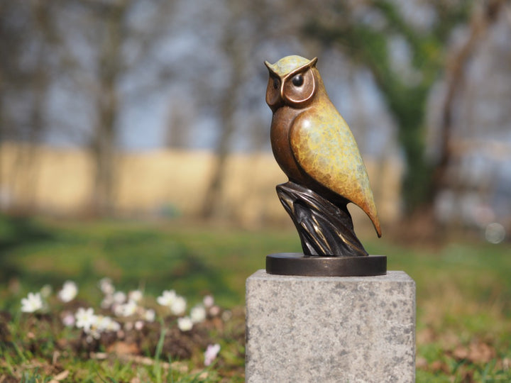 Modern bronze owl sculpture with unique patina