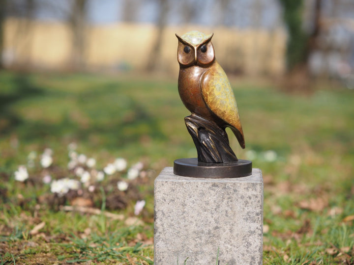 Modern bronze owl sculpture with unique patina
