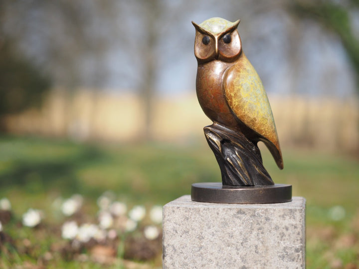 Modern bronze owl sculpture with unique patina