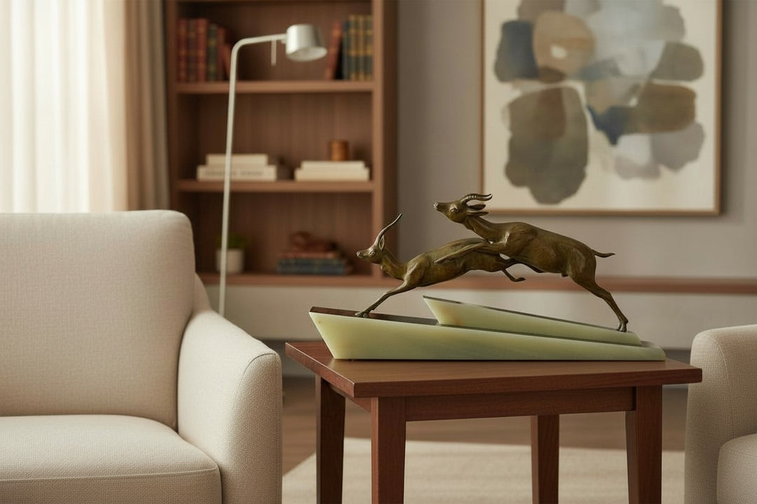 Art Deco beeld van twee springende gazellen door Longfils