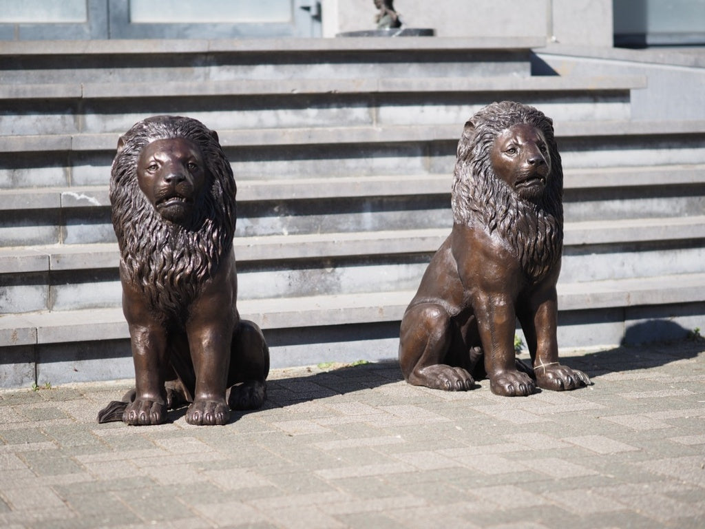 Pair of bronze sitting lion sculptures