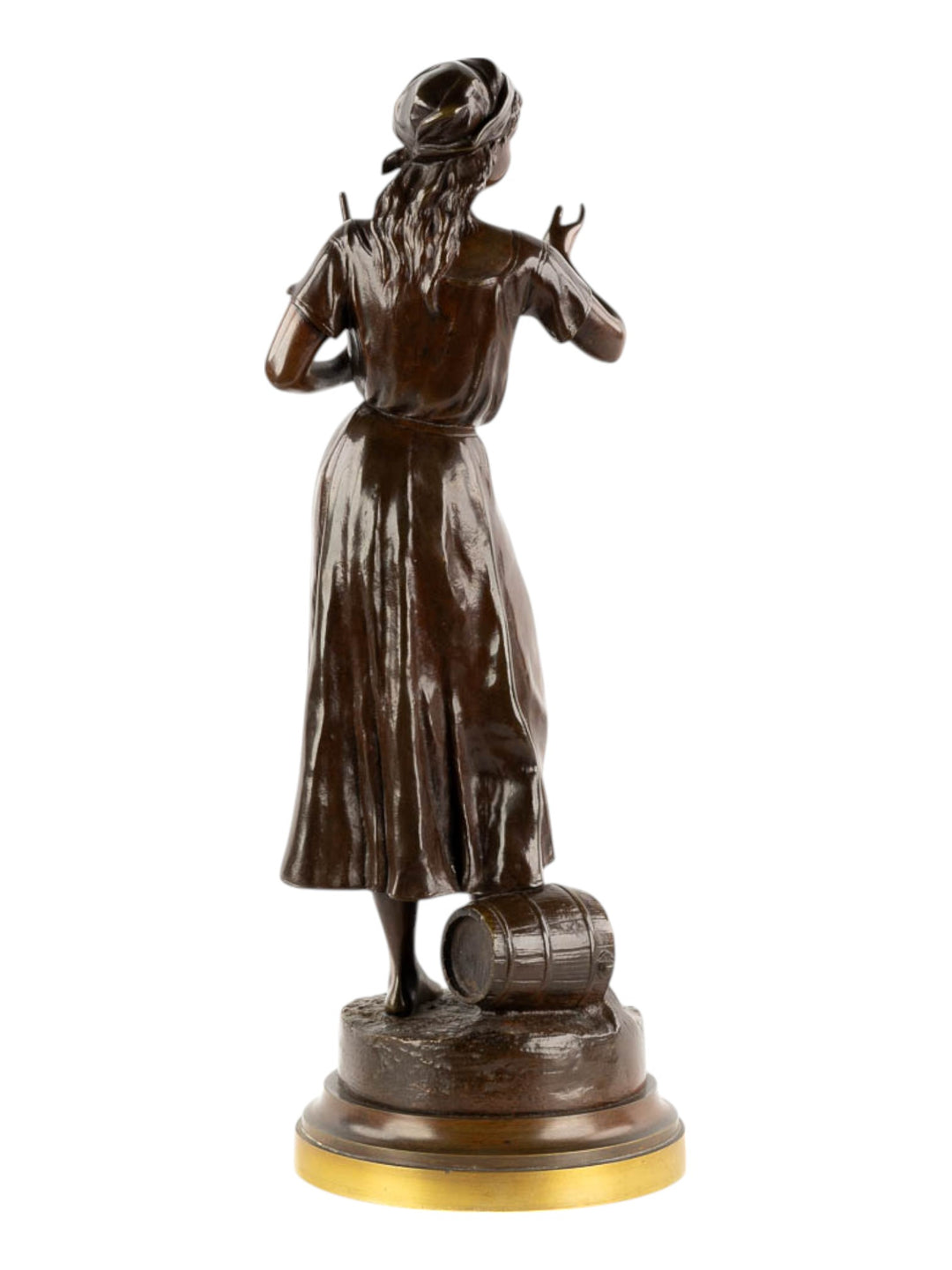 Antiek bronzen beeld van een boerin met hark door Joseph Francois Belin