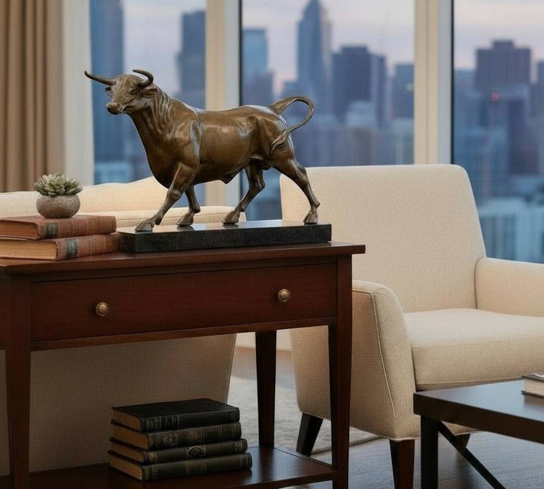 Bronze bull statue on a wooden table with a cityscape view in the background