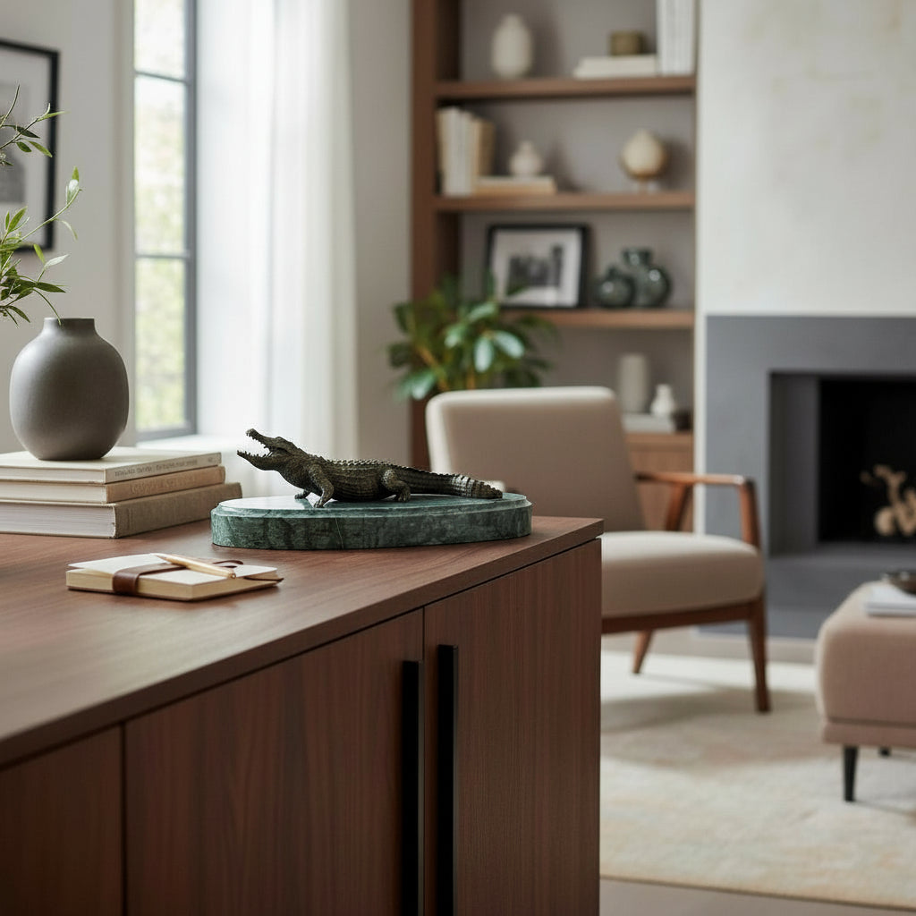 Bronze crocodile sculpture on green marble base