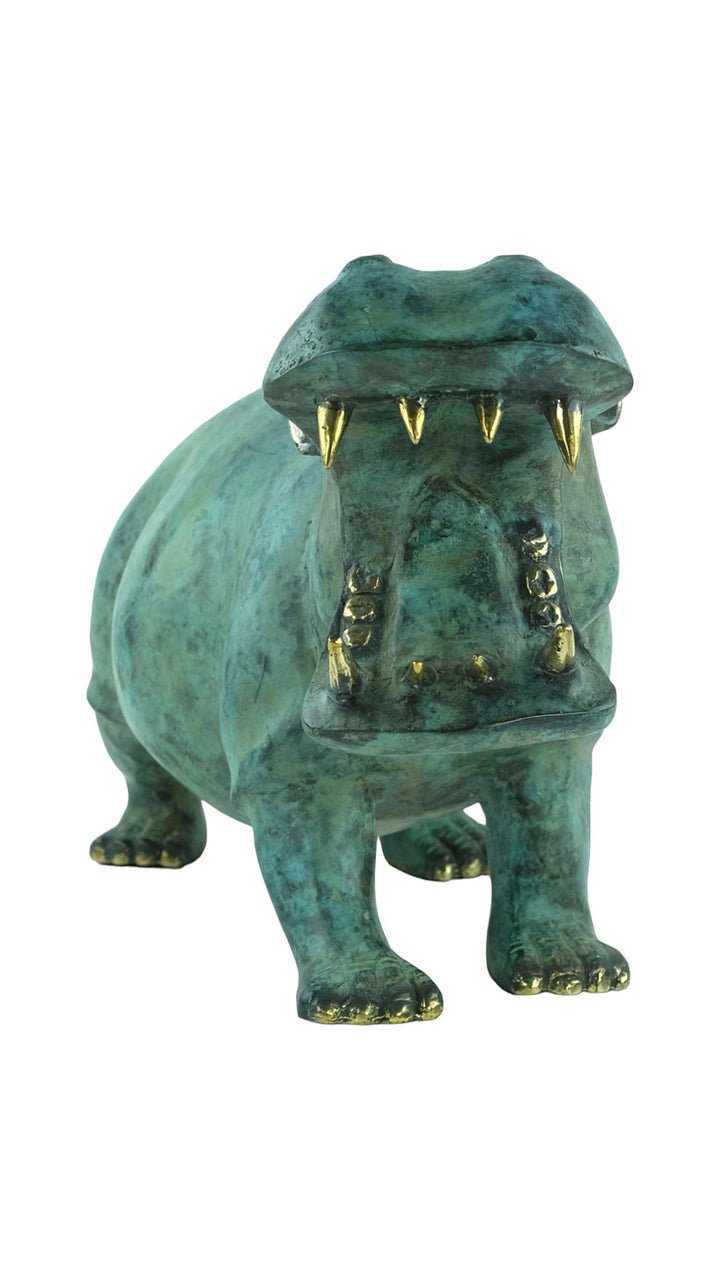 Large bronze hippo sculpture in green patina