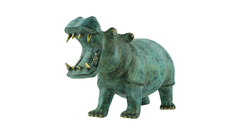 Large bronze hippo sculpture with green patina and polished details, featuring an open mouth design.