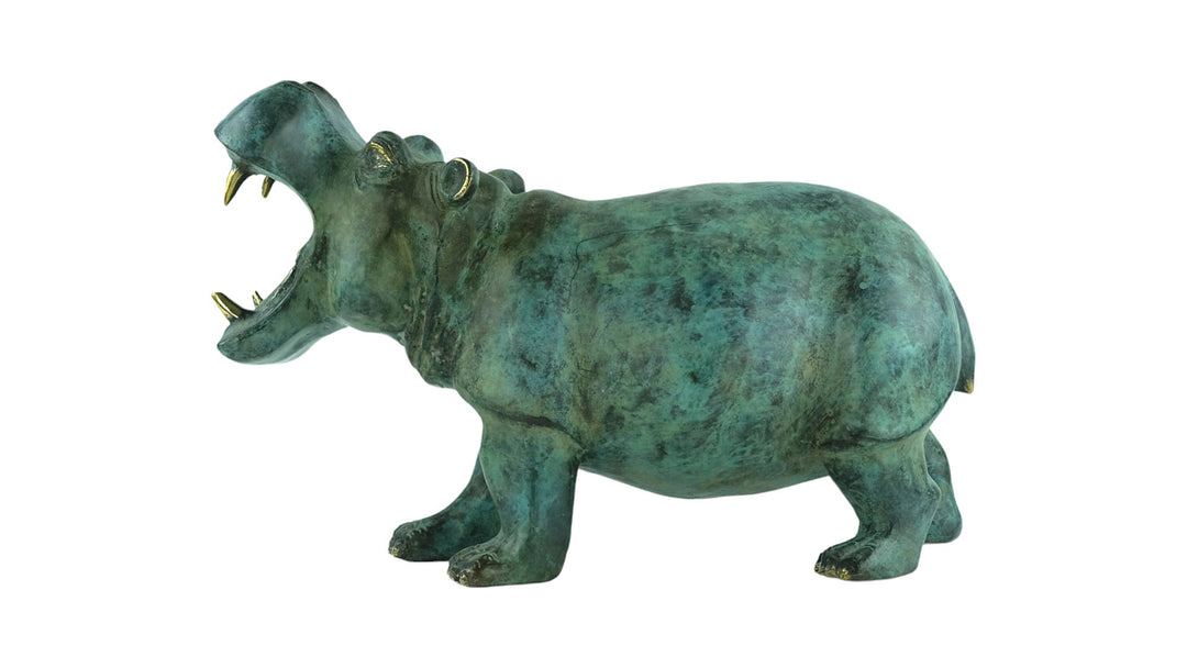 Large bronze hippo sculpture in green patina