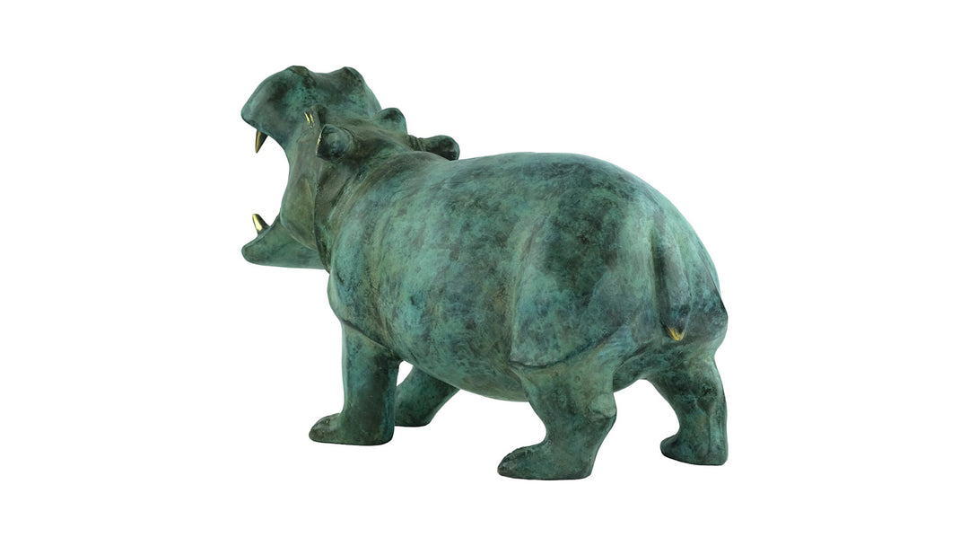 Large bronze hippo sculpture in green patina