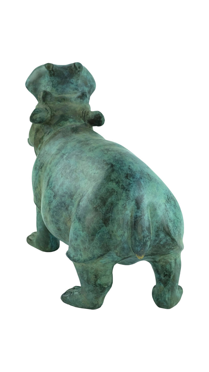 Large bronze hippo sculpture in green patina