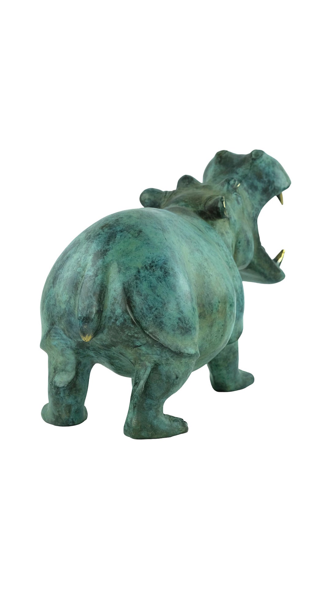 Large bronze hippo sculpture in green patina