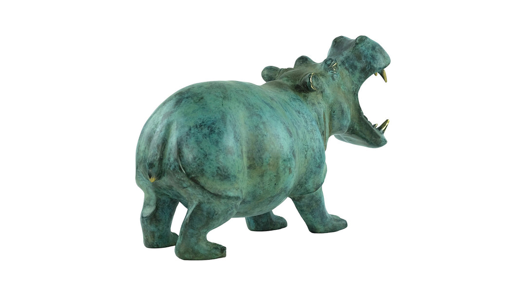 Large bronze hippo sculpture in green patina