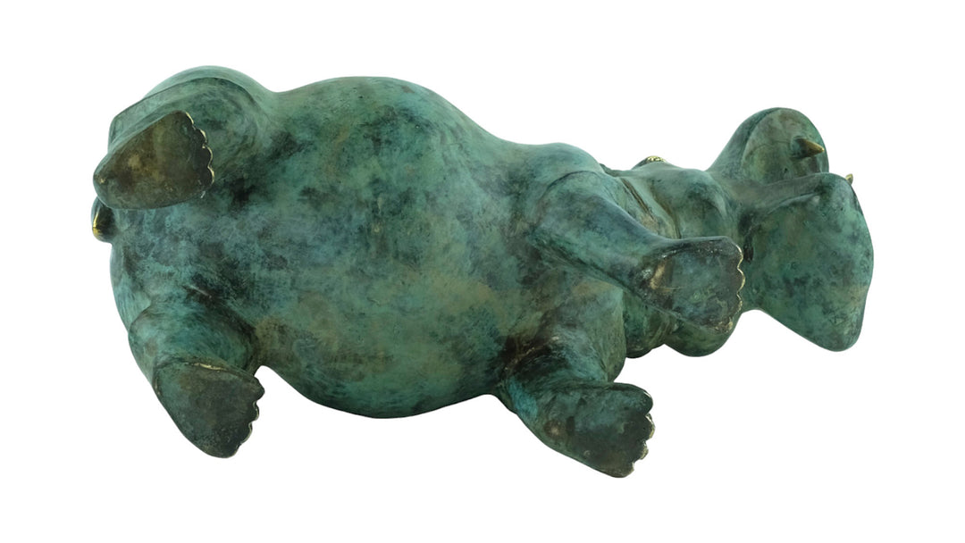 Large bronze hippo sculpture in green patina