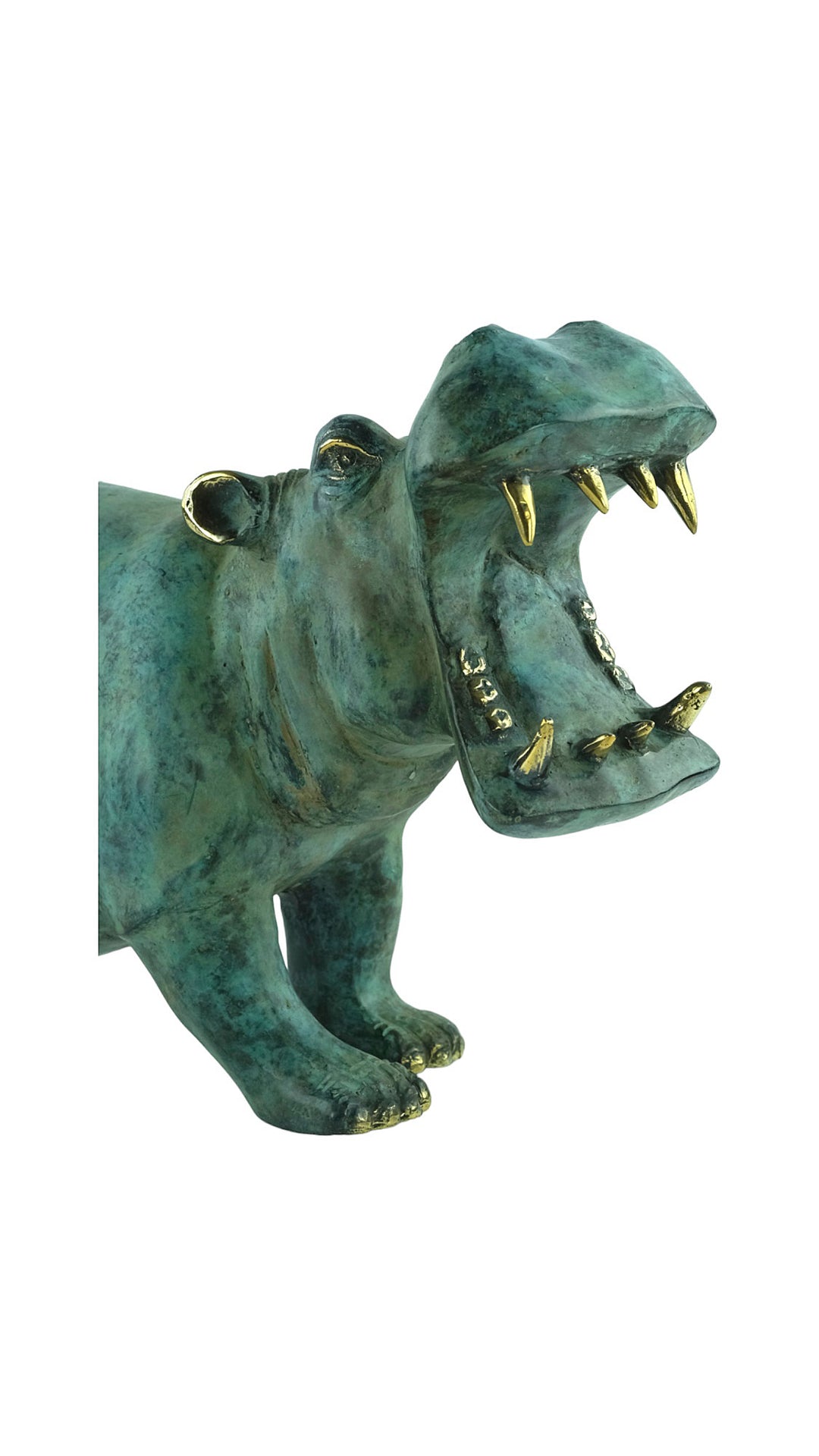 Large bronze hippo sculpture in green patina