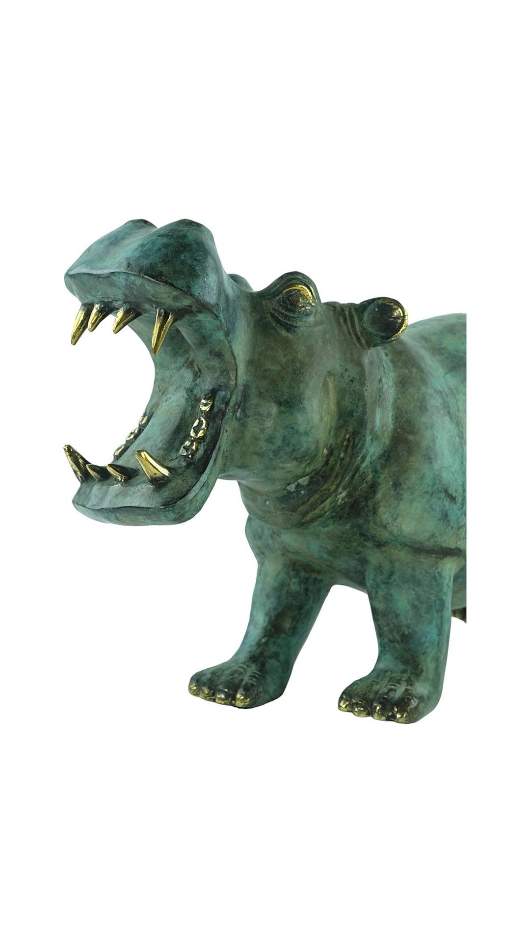 Large bronze hippo sculpture in green patina