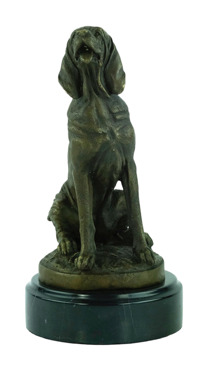 Bronze sculpture of a sitting bloodhound