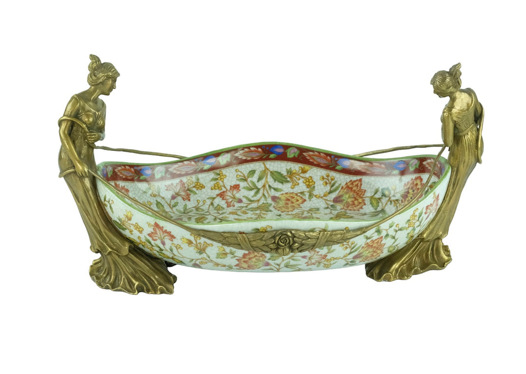 Porcelain tray with floral motifs carried by two bronze females