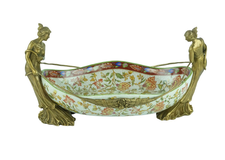 Porcelain tray with floral motifs carried by two bronze females