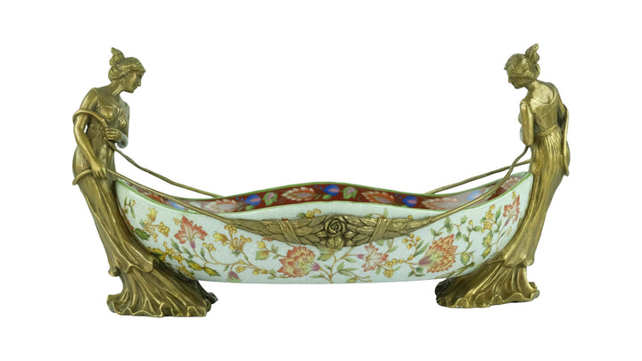 Porcelain tray with floral motifs carried by two bronze females