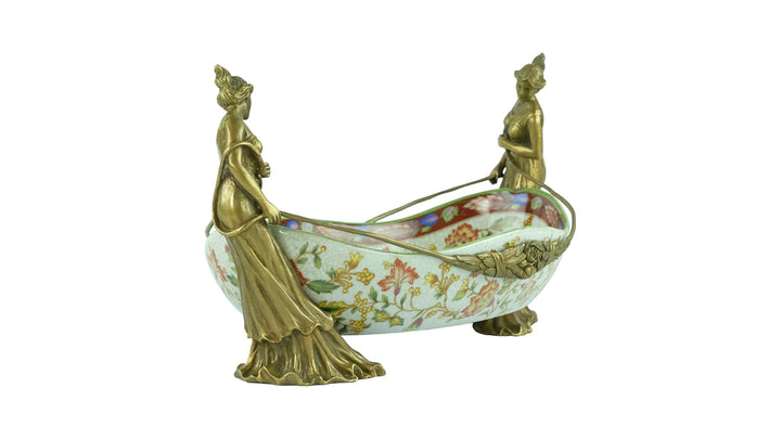 Porcelain tray with floral motifs carried by two bronze females