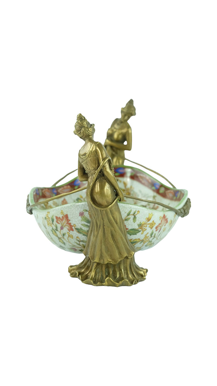 Porcelain tray with floral motifs carried by two bronze females