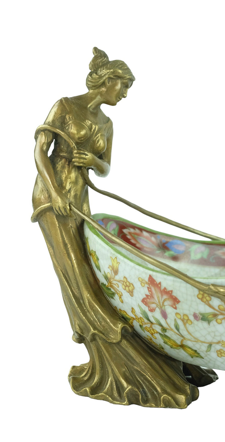 Porcelain tray with floral motifs carried by two bronze females