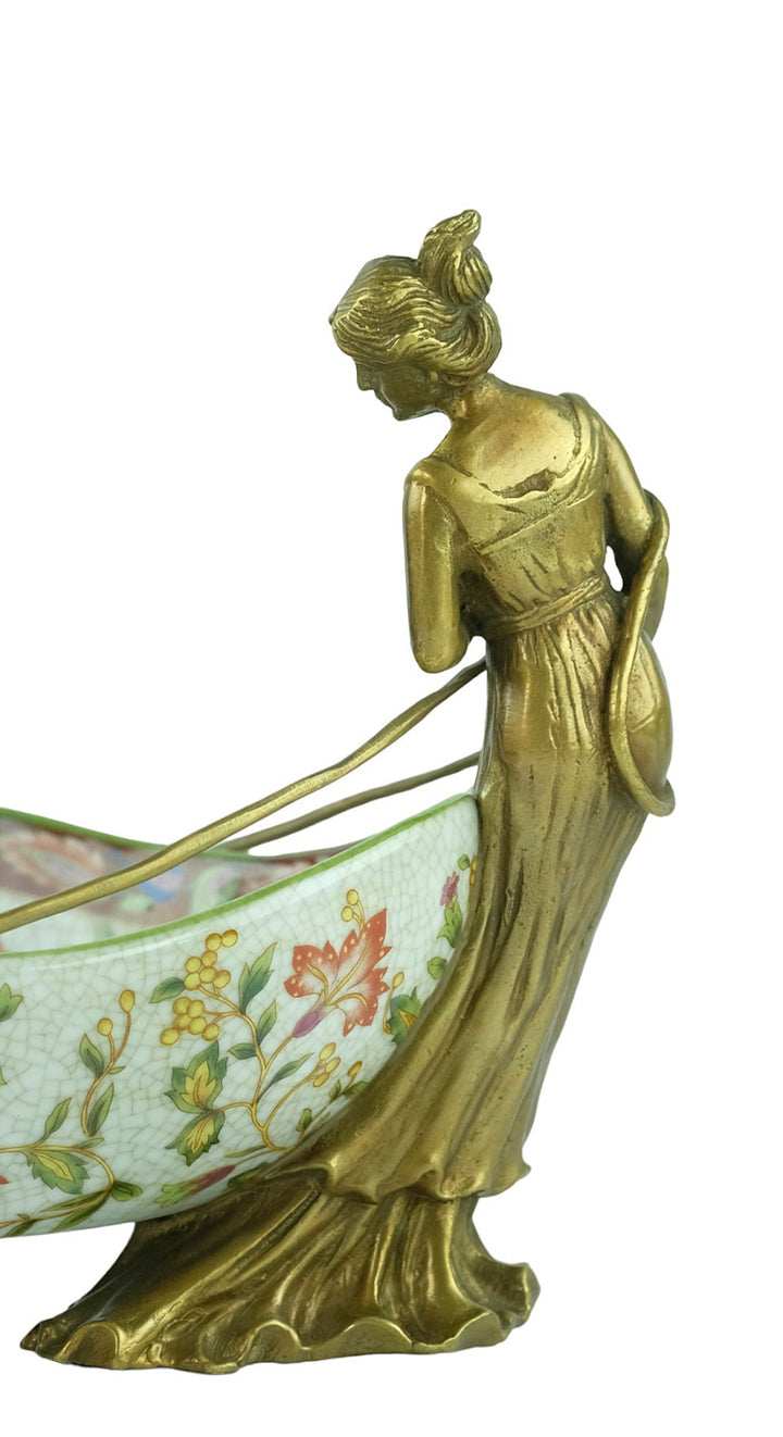 Porcelain tray with floral motifs carried by two bronze females