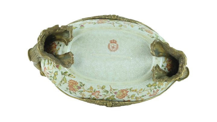 Porcelain tray with floral motifs carried by two bronze females