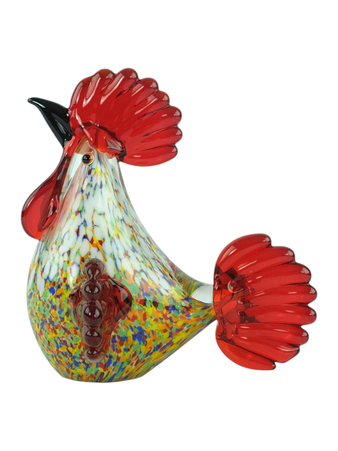 Bunte Glasskulptur eines sitzenden Hahns