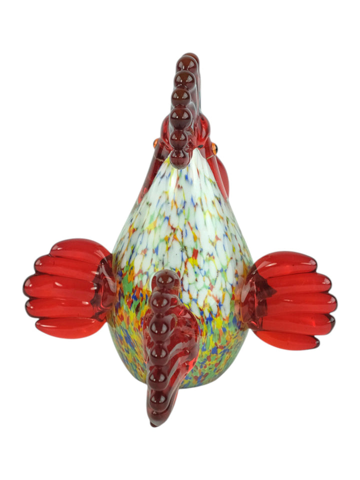 Bunte Glasskulptur eines sitzenden Hahns