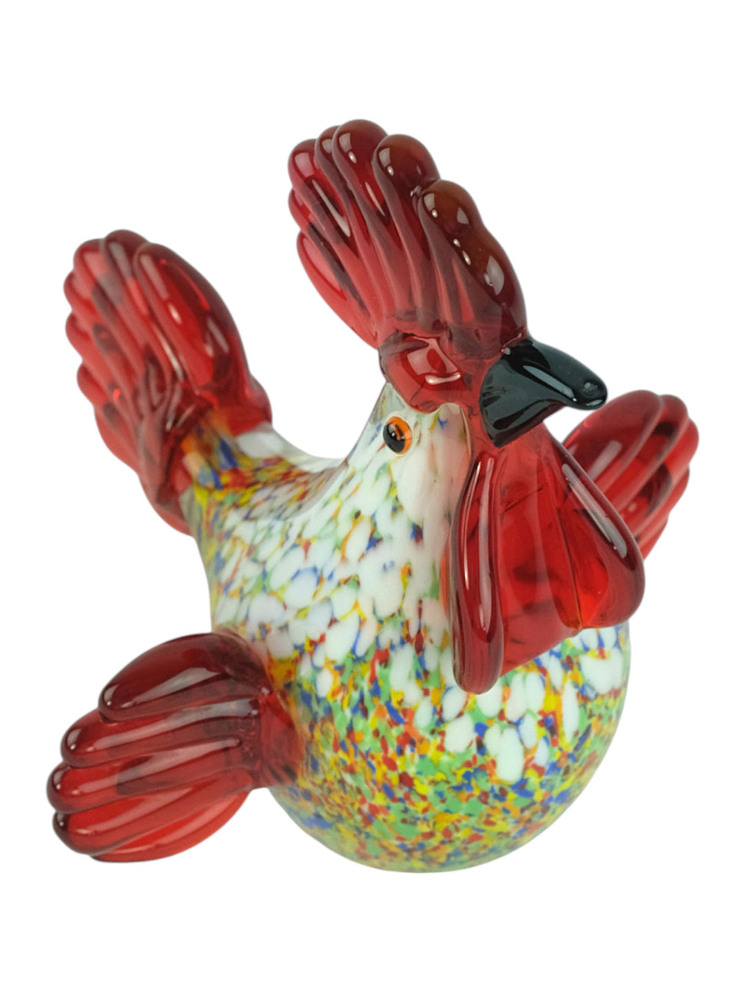 Bunte Glasskulptur eines sitzenden Hahns