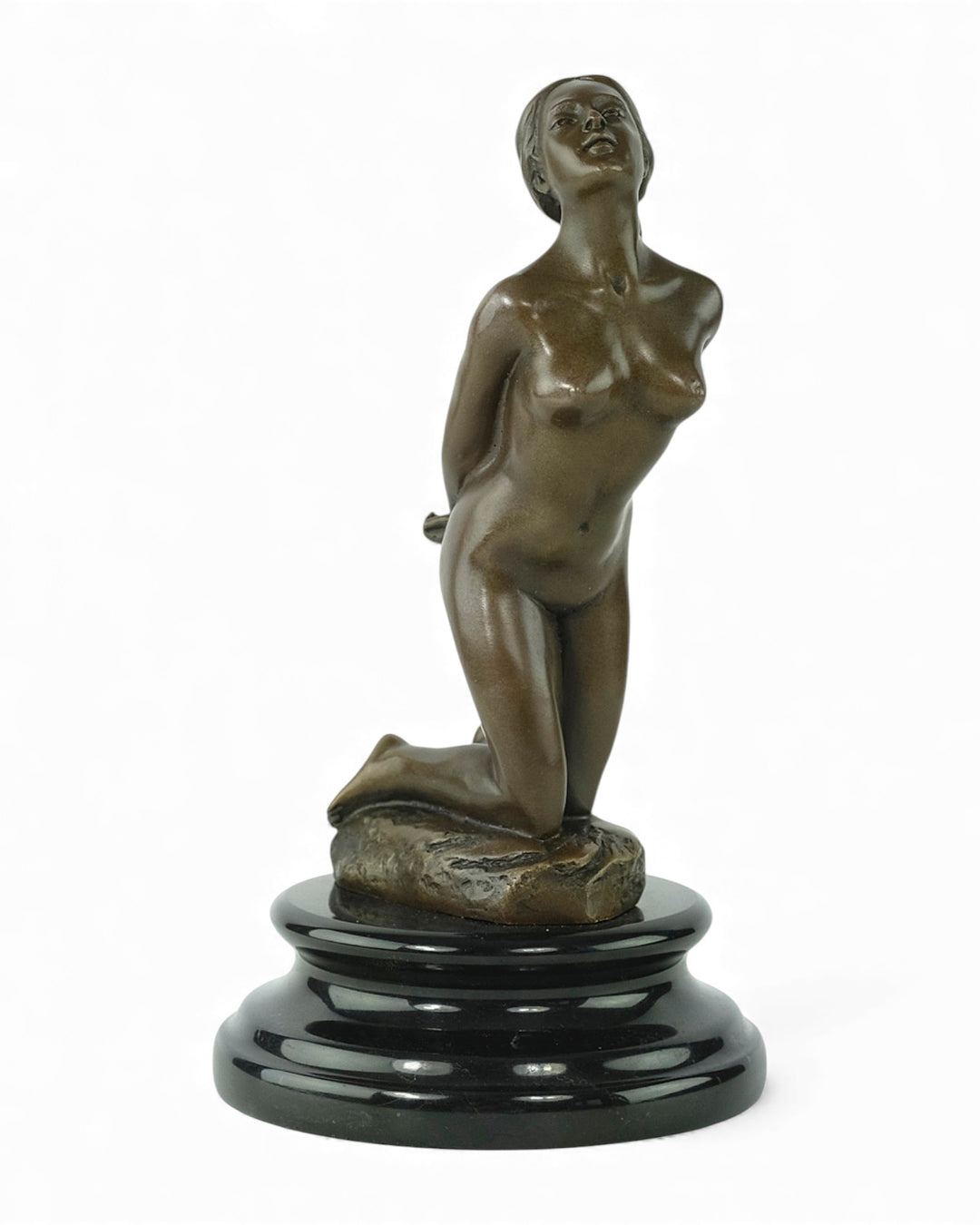 Bronze sculpture of a submissive kneeling female nude
