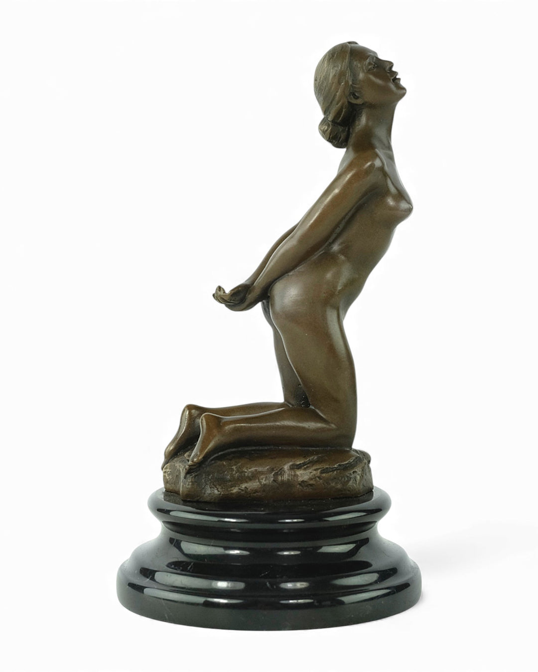 Bronze sculpture of a submissive kneeling female nude