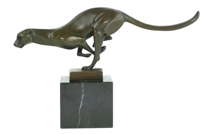 Bronze sculpture of a cheetah running at full speed