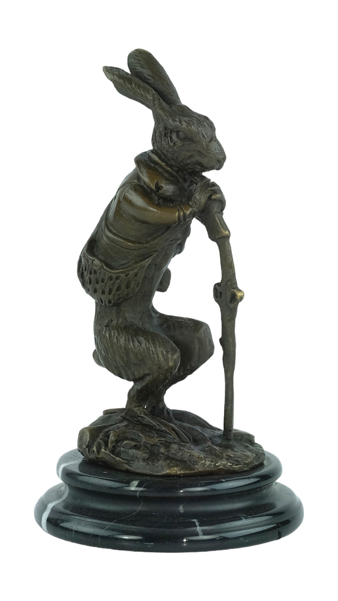 Bronze sculpture of a hare dressed as a hunter