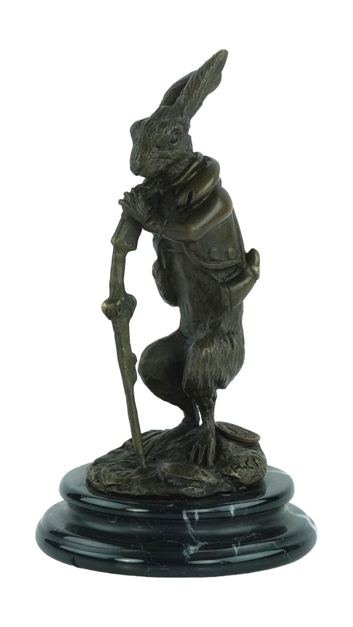 Bronze sculpture of a hare dressed as a hunter