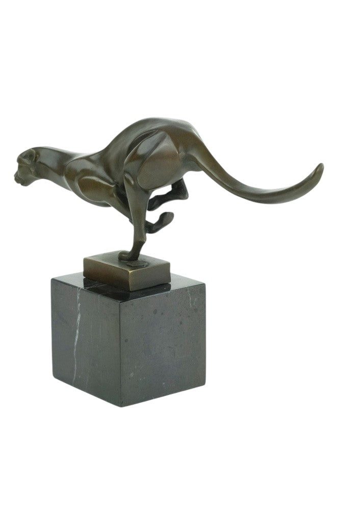 Bronze sculpture of a cheetah running at full speed