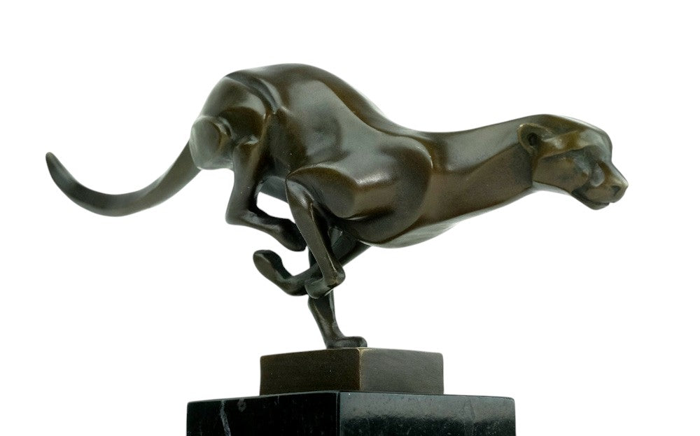 Bronze sculpture of a cheetah running at full speed