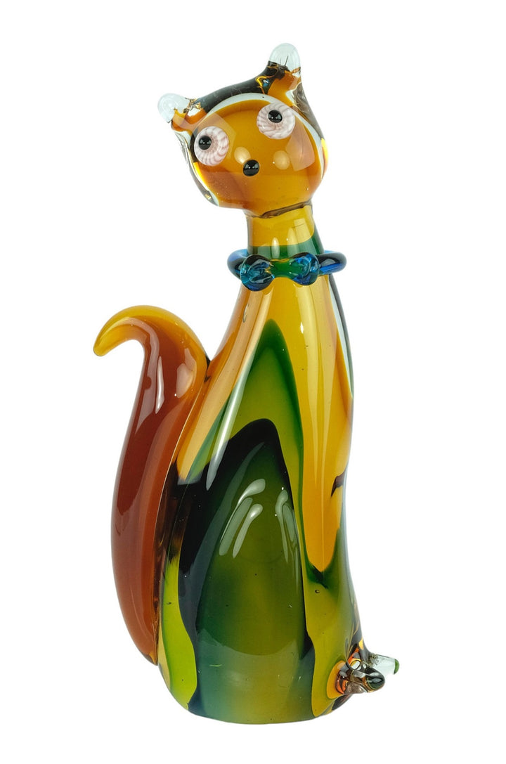 Colourful glass sculpture of a sitting cat