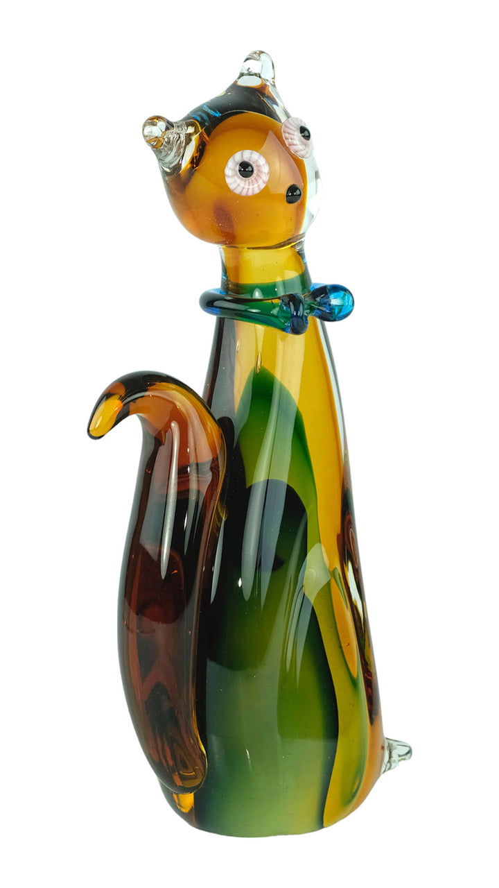 Colourful glass sculpture of a sitting cat