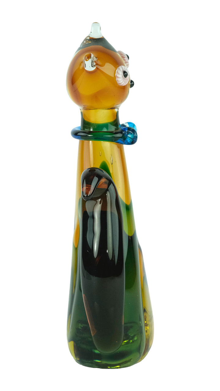 Colourful glass sculpture of a sitting cat