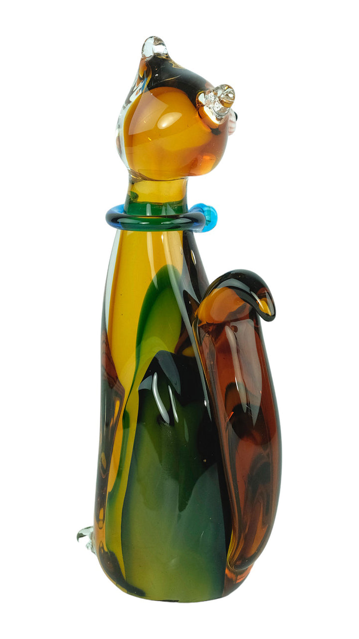Colourful glass sculpture of a sitting cat